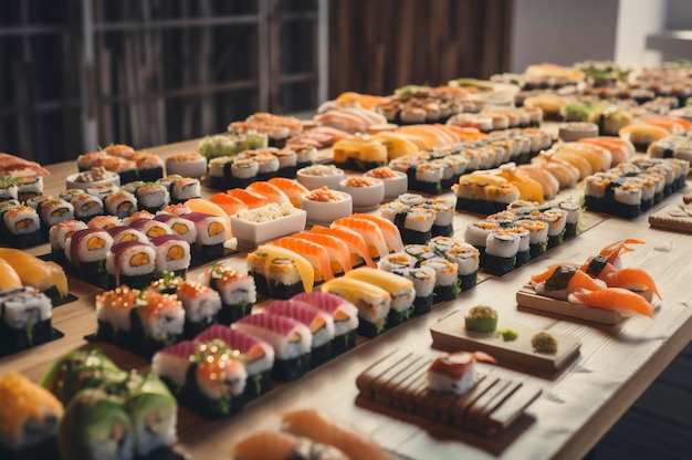 Set di sushi assortiti disposti su un piatto sopra un tavolo di legno generato dall'intelligenza artificiale