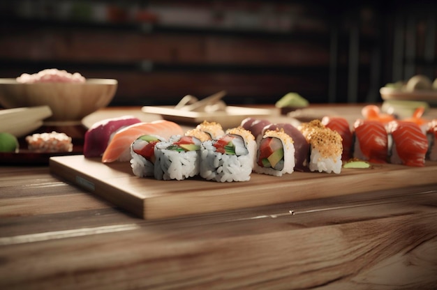 Set di sushi assortiti disposti su un piatto sopra un tavolo di legno generato dall'intelligenza artificiale
