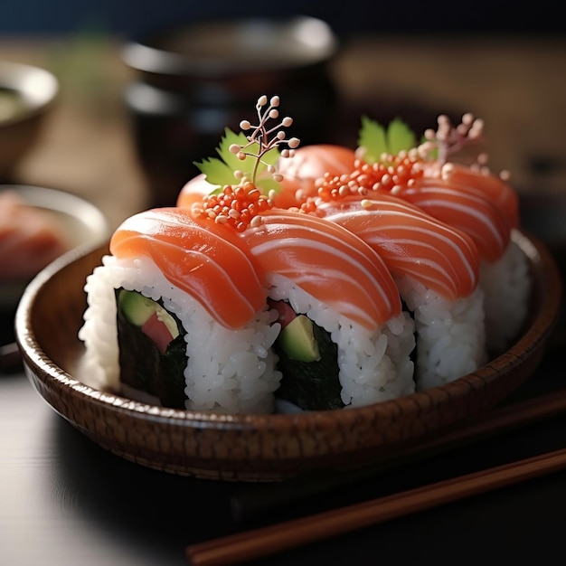 Set di sushi con salmone, gamberi, avocado, wasabi, zenzero, wasabi e salsa di soia
