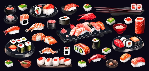 Set di sushi sashimi salmone chopstick caviale acquerello illustrato a mano isolato