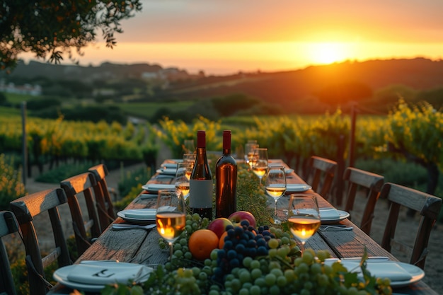 Set di tavola con uva e bottiglie di vino