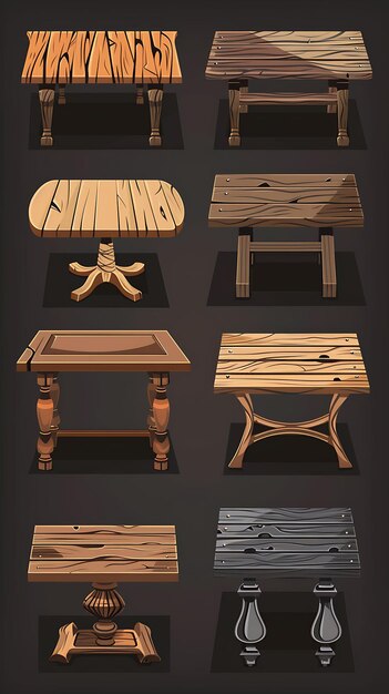 Set di tavoli da pranzo rustici 8 Bit Pixel con texture in legno e Ca Game Asset Design Concept Art