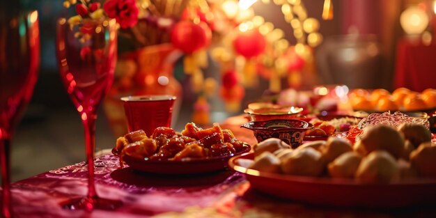 Set di tavoli per la celebrazione del Capodanno cinese Focalizzazione selettiva Feste