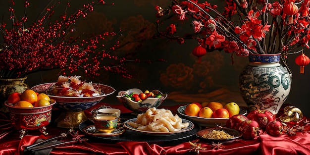 Set di tavoli per la celebrazione del Capodanno cinese Focalizzazione selettiva Feste