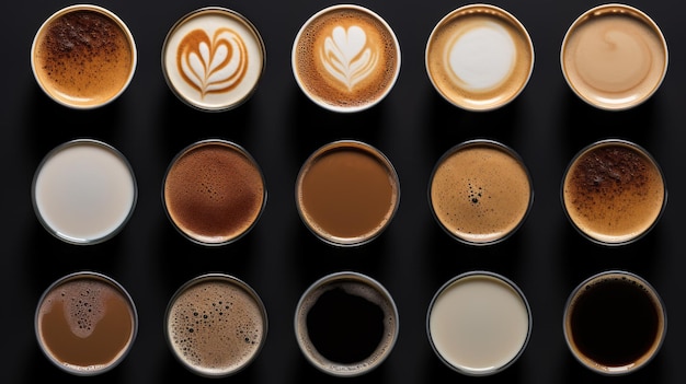 Set di tazze di caffè diverse isolate su sfondo bianco vista superiore creata con la tecnologia Generative AI