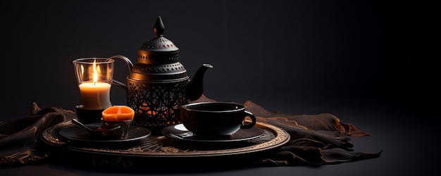 Set di tè con candela accesa e lanterna un'ispirazione orientale