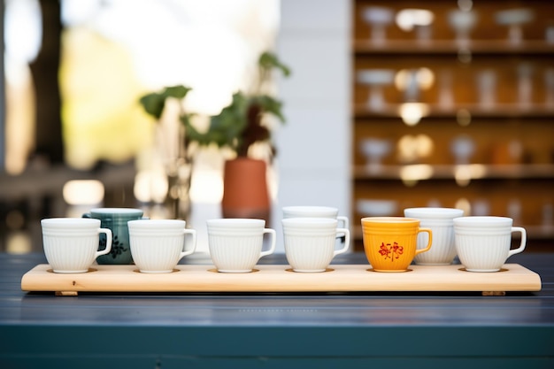 Set di tè in ceramica allineato con tè oolong in ogni tazza