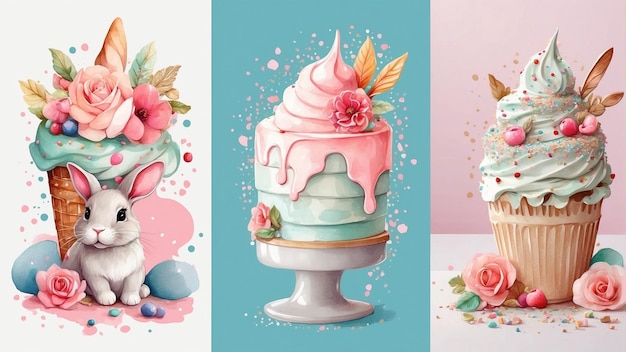 Set di torte di Pasqua e cupcake con fiori e coniglietto Decorazione per la festa di compleanno del coniglietto