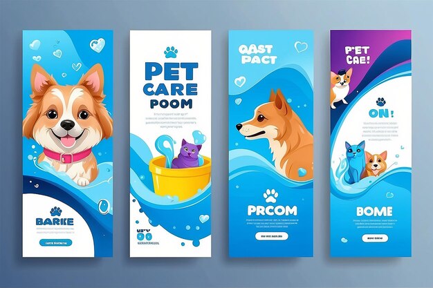 Set di tre background fluidi di banner di promozione della cura degli animali domestici modello di pacchetto di social media vettore premium