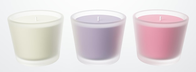 Set di tre candele con contenitore in vetro mockup 3D render modello pronto per la progettazione di candele profumate in cera colorata