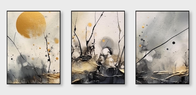 Set di tre illustrazioni di arte astratta moderne opere d'arte astratte creative pennellate dorate