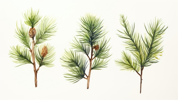 Set di tre rami di pino minimalista acquerello generati dall'intelligenza artificiale