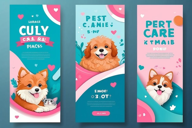 Set di tre sfondi geometrici ricci di banner di promozione della cura degli animali domestici modello di pacchetto di social media vettore premium