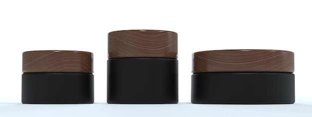 Set di tre vasetti di crema cosmetica nera con coperchi in legno confezione di prodotti di bellezza e cura e mockup di rendering 3D con marchio