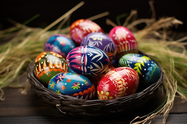 Set di uova di Pasqua su paglia