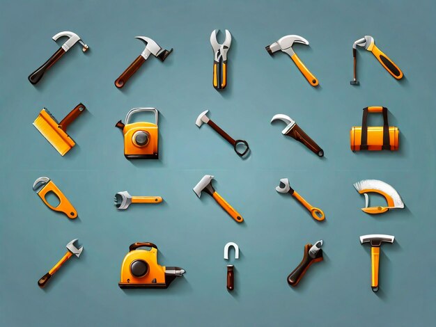 Set di utensili da costruzione icone piane pinze chiave martello cacciavite spazzola ascia a rulli sega e nastro metrico