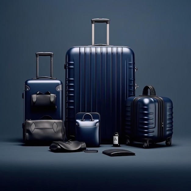 Set di valigie e bagagli da viaggio su sfondo blu