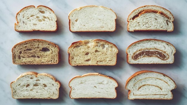 Set di varie fette di pane su superficie di marmo