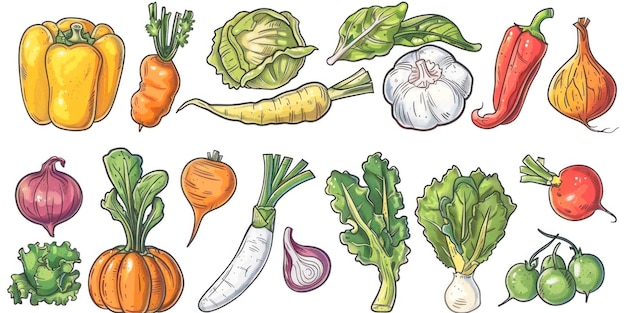 Set di varie verdure disegnate a mano Disegni di diversi alimenti isolati su bianco