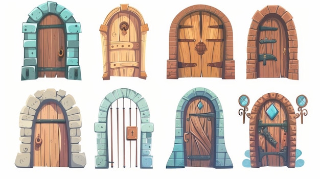 Set di vecchie porte in legno isolate su sfondo bianco Illustrazione di un elemento edilizio medievale Porta ad arco in pietra o mattoni con porte chiuse a chiave maniglie di ferro concetto di architettura antica