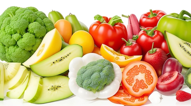 Set di verdure e frutta diverse su sfondo bianco