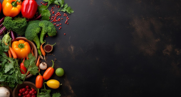 Set di verdure e spezie per cucinare su sfondo scuro