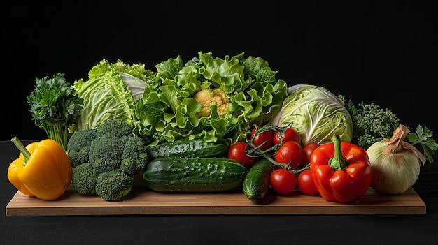 Set di verdure su una tavola e sfondo nero cavolo broccoli cetrioli peperoni pomodori