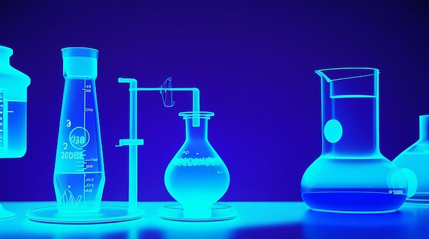 Set di vetreria di laboratorio su sfondo di neon blu illustrazione di rendering 3D