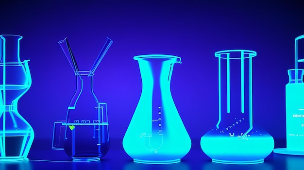 Set di vetreria di laboratorio su sfondo di neon blu illustrazione di rendering 3D