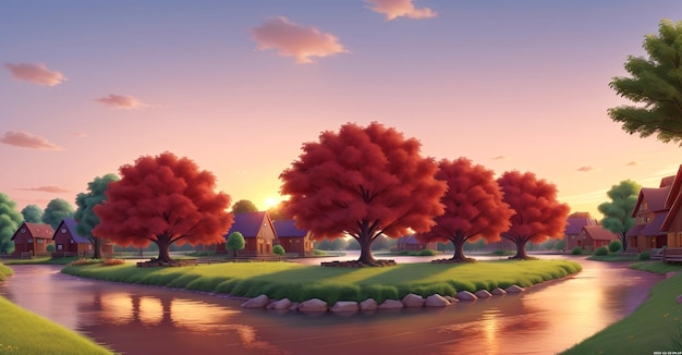 set di vettori di tramonto di villaggi di diverse scene paesaggistiche naturali
