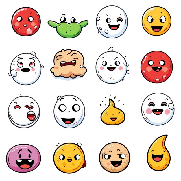 Set di volti di cartoni animati espressioni facciali emoji adesivi emoticon cartoni animati personaggi mascotte divertenti faccia
