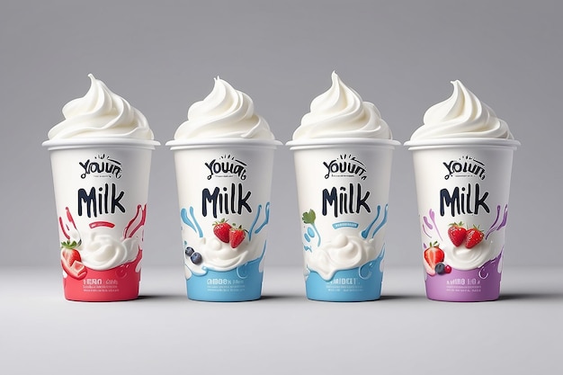 set di yogurt imballaggio completamente nuovo disegno isolato per il branding o il disegno pubblicitario di yogurt al latte o crema
