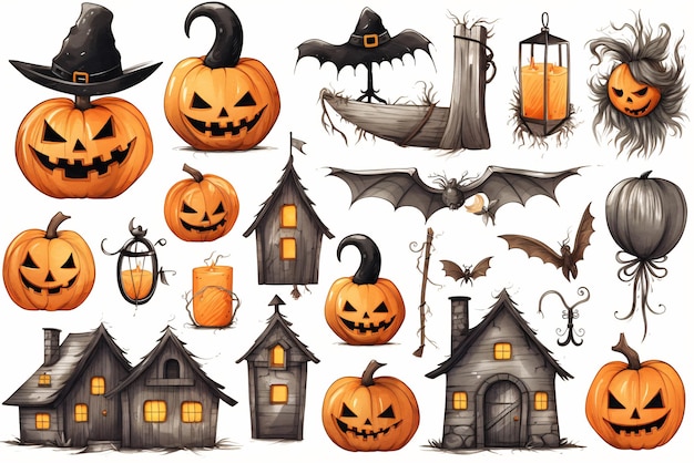 Set di zucche di Halloween case e pipistrelli illustrazione su sfondo bianco Generativo ai