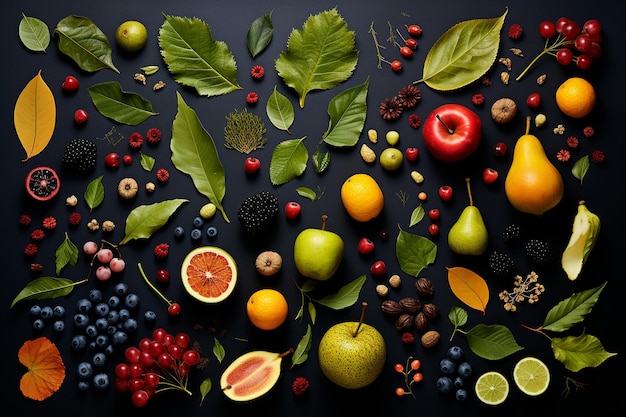 set fotografico di frutti, semi e foglie