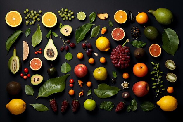 set fotografico di frutti, semi e foglie