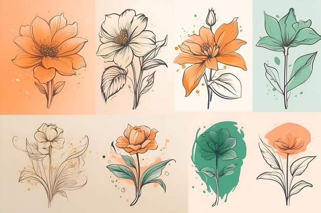 Set grafico di fiori e foglie isolati disegnati a mano in colori pastello