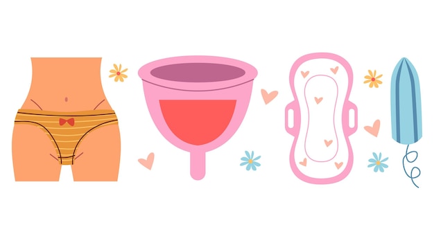 Set isolato di prodotti di igiene femminile per donne Illustrazione di progettazione grafica vettoriale