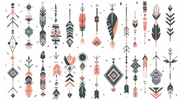 Set moderno con elementi tribali indiani aztechi hipster boho collezione etnica disegnata a mano con frecce per il design