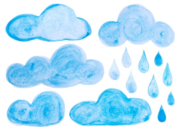 Set of blue watercolor hand drawn clouds and rain drops isolated on white