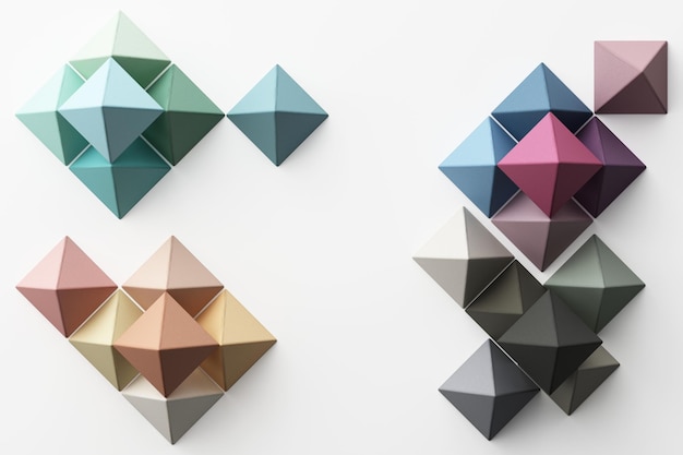 Set of colorful greenpurpleblueyellow realistic pyramid spheres with fabric texture on white background 3d rendering