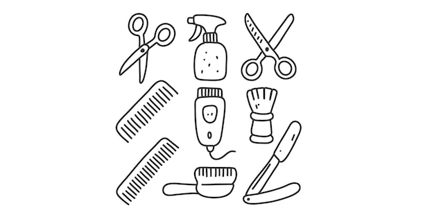 set of doodle illustrations of hairdressing tools