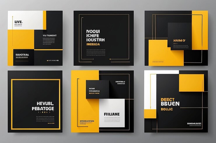 Photo set of editable minimal square banner template black and yellow background color with stripe line shape