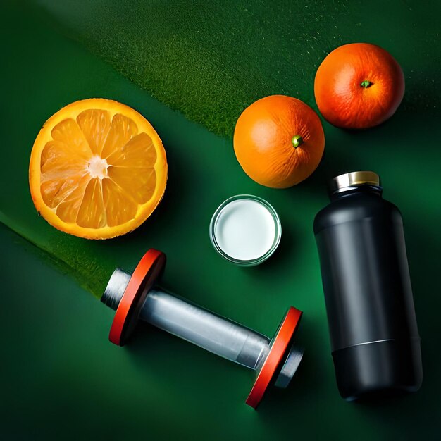 Set per lo sport con manubri e una bottiglia d'acqua e una mela e un'arancia su uno sfondo di g