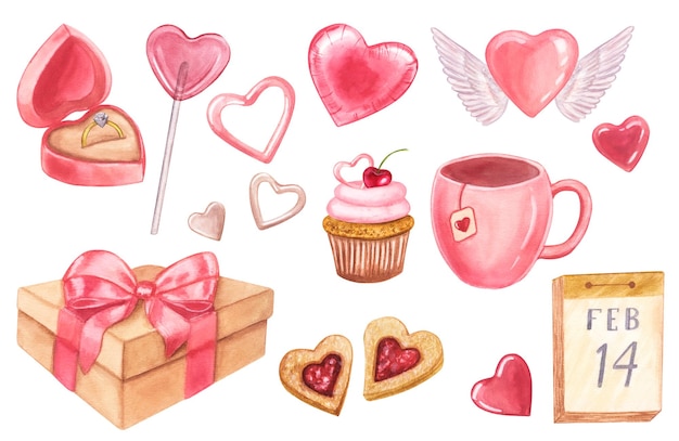 Set rosa per il giorno di San Valentino cuori d'amore anello regalo perline disegnato a mano acquerello illustrazione isolata