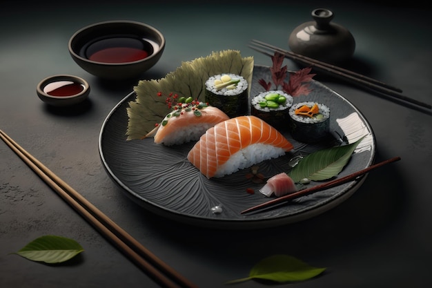 Set sushi sashimi con bacchette e salsa di soia su sfondo scuro Generazione AI