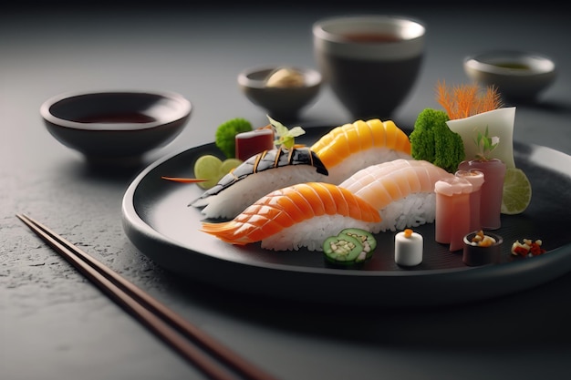 Set sushi sashimi con bacchette e salsa di soia su sfondo scuro Generazione AI