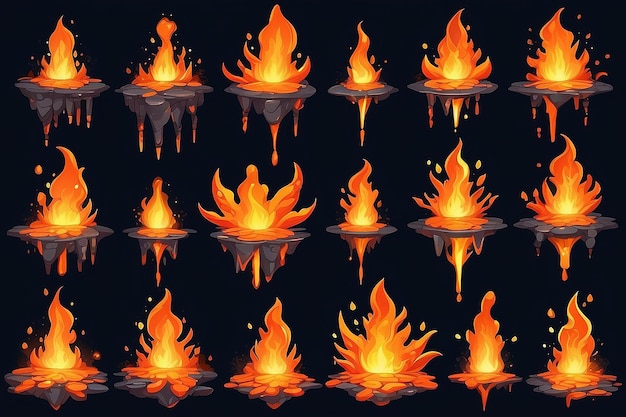 Set vettoriale di cartoni animati di vulcano di lava liquido magico 2d Magma fiamma arancione isolato movimento per l'inferno nell'ambiente di gioco mobile Fusione di fusione di metallo fuso esplosione consistenza Ui png consistenza clipart