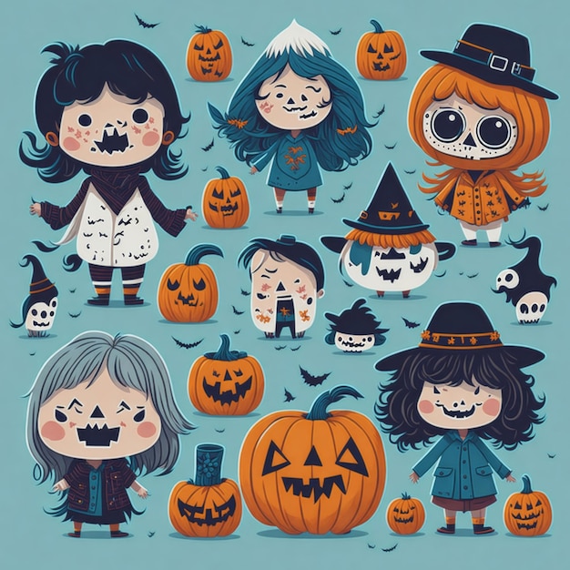 Set vettoriale felice spaventoso in stile hippie dei cartoni animati illustrazione grafica di Halloween per bambini fantasma