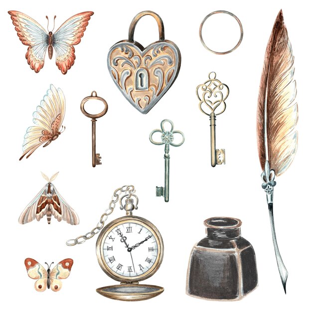 Set vintage con chiavi di orologio da tasca e serratura penna piuma inchiostro farfalla e falena disegnata a mano