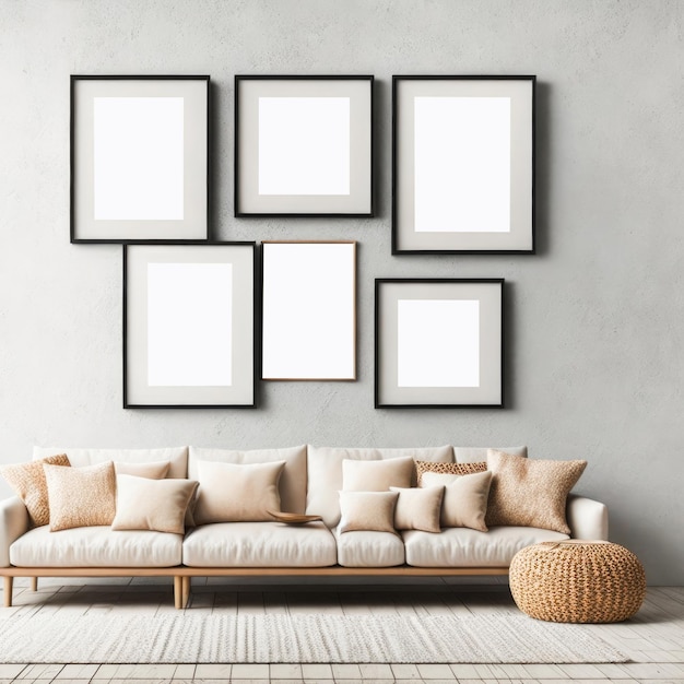 Sette fotogrammi vuoti per opere d'arte o stampe su parete bianca con divano beige spazio di copia in stile scandinavo progettazione d'interni Generative Ai